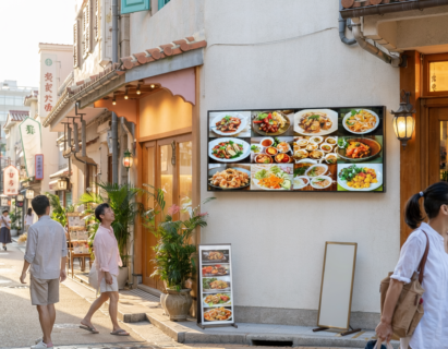 飲食店・居酒屋・カフェ・テイクアウト店向けに、店頭メニュー表示や集客用LEDビジョンをご提案しています。