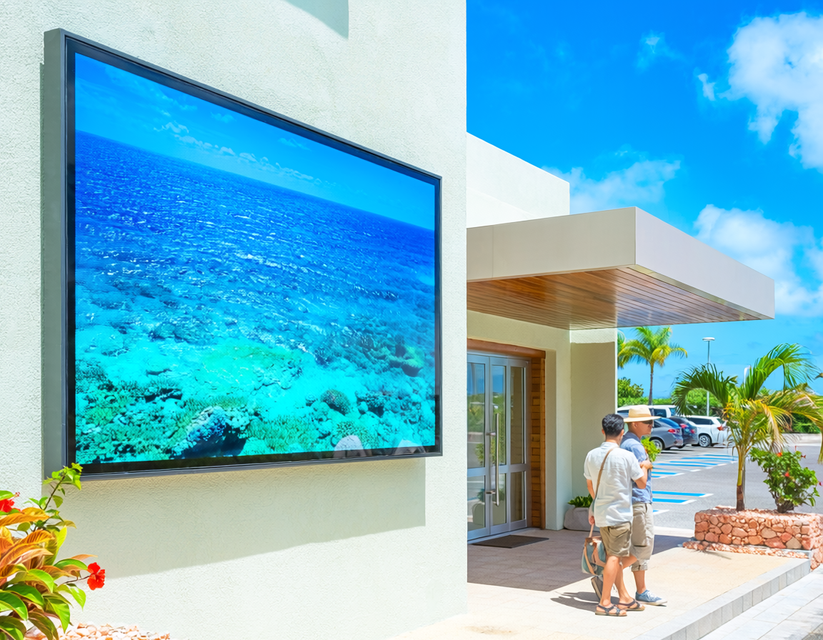 屋外常設のLEDビジョンなら4㎡プレミアムプラン｜施設外壁・大型案内に向く導入例