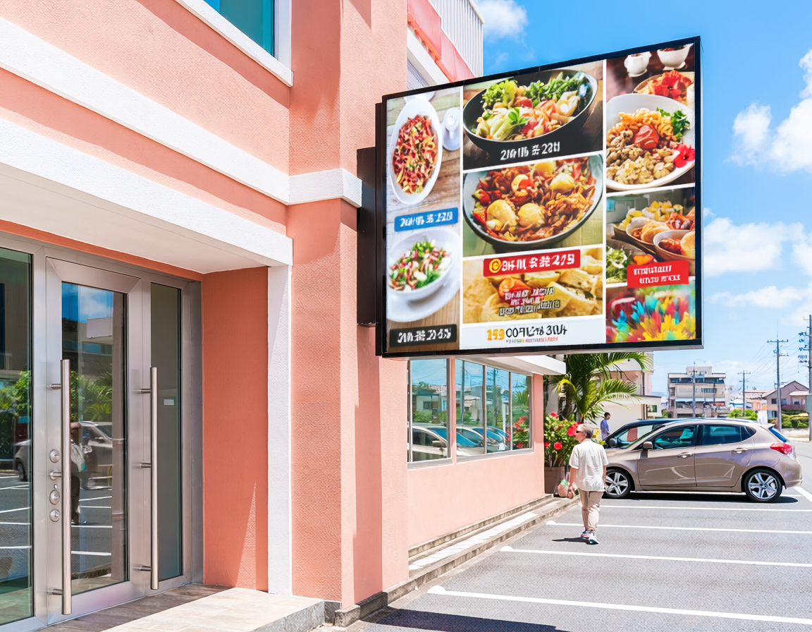 ロードサイド店舗・大型飲食店にLEDビジョンを導入するメリット|4㎡プレミアムプランの活用例